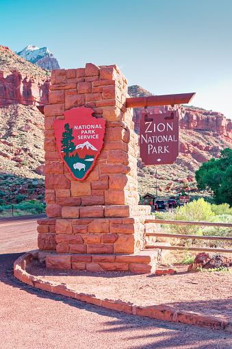 Zion National Park, United States - June 03, 2017:  Entrance to Zion National ParkCanyon in the state of Utah southwest of the United States. Impressive rock formations and deep gorges engraved and shaped by the strength of the waters of the Virgin river.