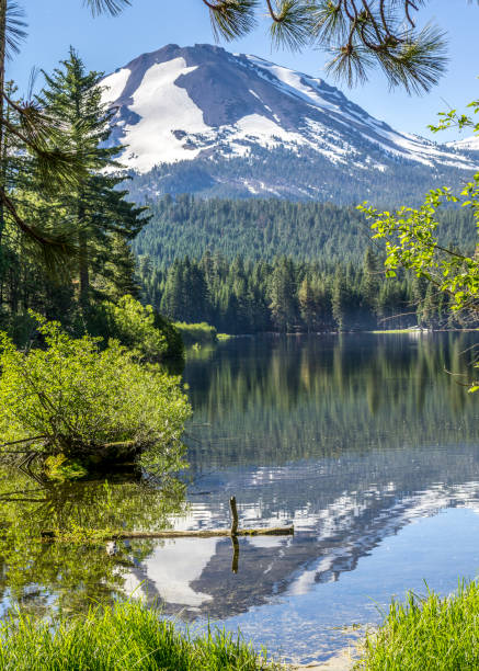 пик лассена отражается в озере манзанита - manzanita lake стоковые фото и изображения