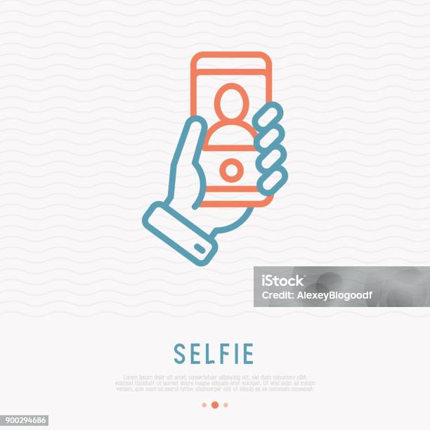 Selfie Thin Line Icon Hand Holding Smartphone With Silhouette Modern Vector Illustration Stock Illustration - Download Image Now