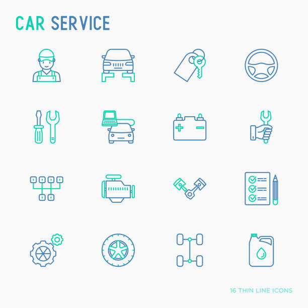 Car service thin line icons set of mechanic, computer diagnostics, tools, wheel, battery, transmission, jack. Modern vector illustration. Car service thin line icons set of mechanic, computer diagnostics, tools, wheel, battery, transmission, jack. Modern vector illustration. gas pump hand stock illustrations