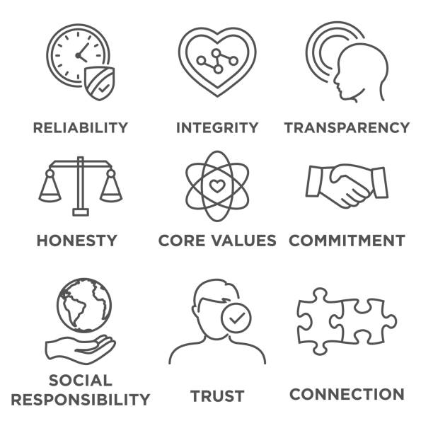 Business Ethics Icon Set Business Ethics Icon Set with social responsibility, corporate core values, reliability, transparency, etc dedication stock illustrations