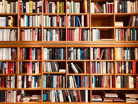 Anaqueles de madera marrón completamente lleno con los libros en una biblioteca photo