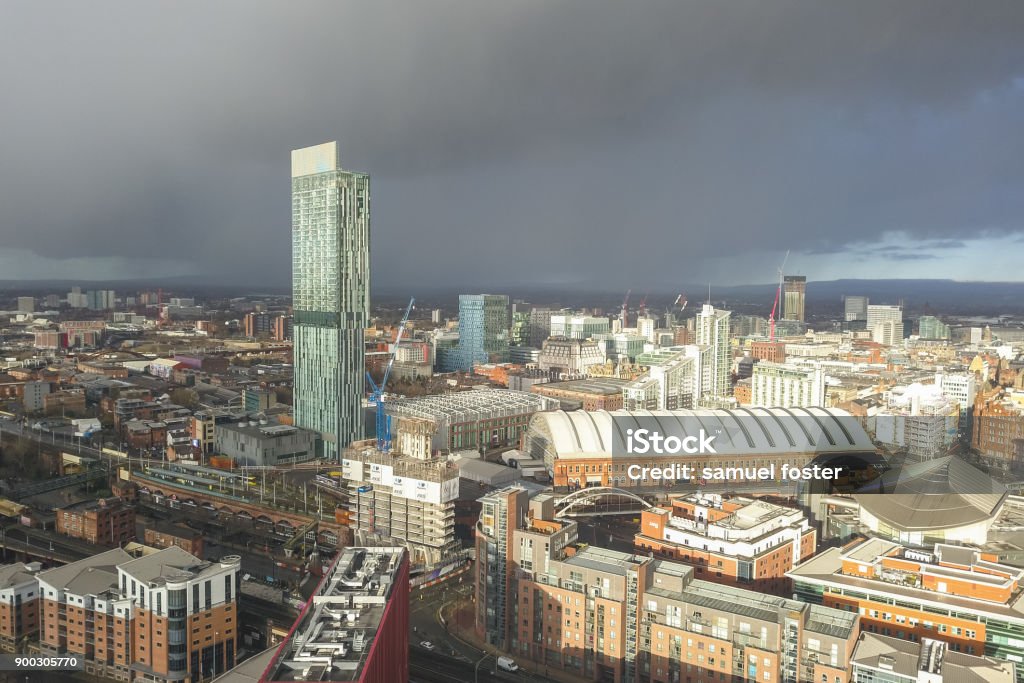 Aerial Drone Manchester City Centre - Lizenzfrei Alt Stock-Foto