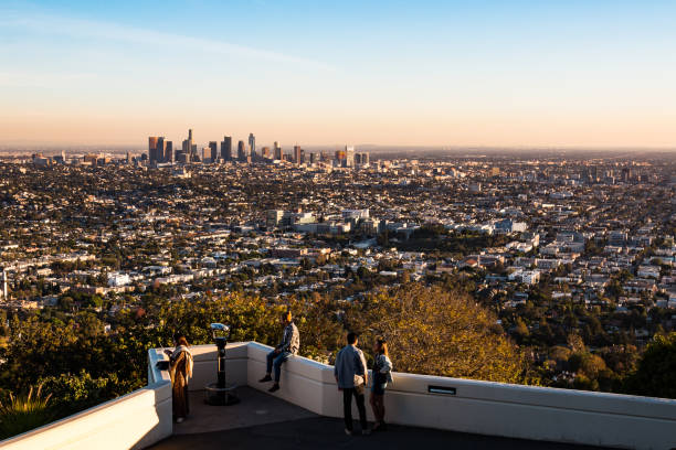 People View Downtown Los Angeles at Sunset From Griffith Observatory stock photo