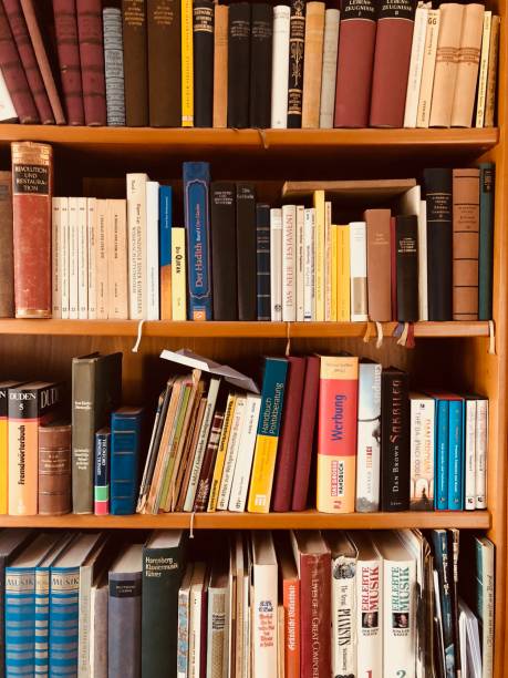 istock Brown wooden shelfs fully packed with books in a library 900306800