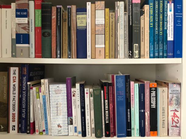 istock Brown wooden shelfs fully packed with books in a library 900306868