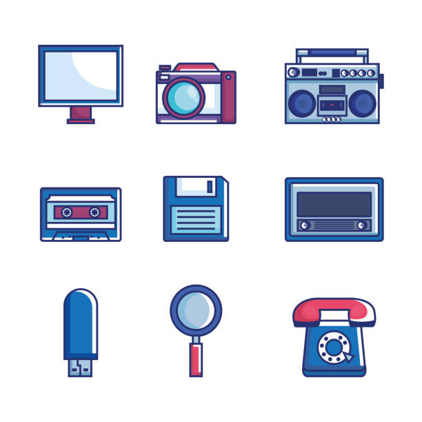 illustrations, cliparts, dessins animés et icônes de la technologie rétro set gadgets - personal cassette player