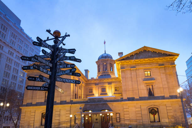 Osgoode Hall in downtown Toronto shown with its cobblestone walkway.