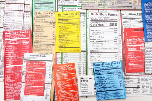ernährung-label collage aus mehreren verpackungsetiketten - etikettieren fotos stock-fotos und bilder