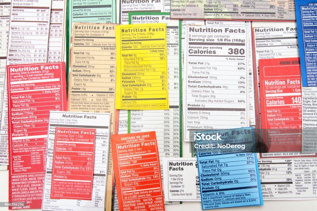 Nutrition label collage of multiple packaging labels Nutrition label collage of multiple packaging labels. Nutrition facts show quantities of ingredients in products, including calories, fat, saturated fat, sodium, sugar, protein, carbohydrates, fiber and vitamins Label Stock Photo