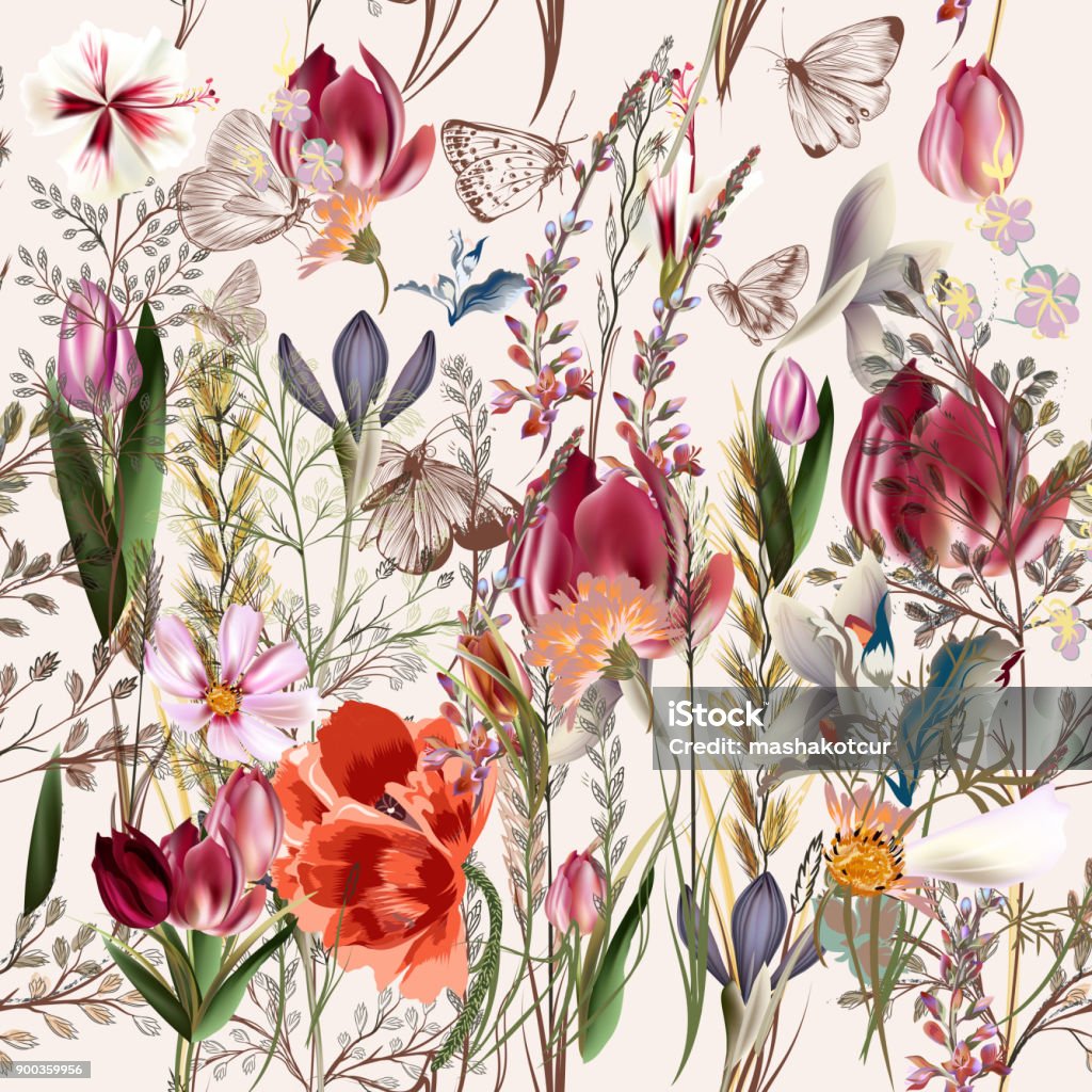 Modèle vectoriel de fleur avec des plantes accorted. Style vintage provance - clipart vectoriel de Fleur - Flore libre de droits