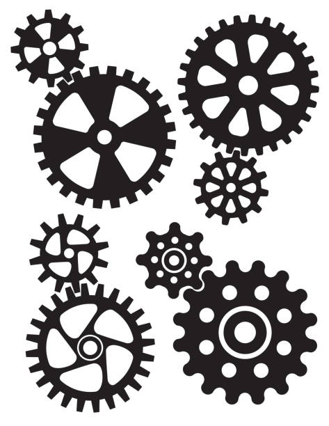 Interlocking gears and cogs design. Set of four different styles of gears or cogwheels with matching interlocking smaller gears. fly wheel stock illustrations