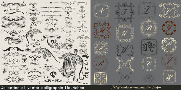 illustrazioni stock, clip art, cartoni animati e icone di tendenza di enorme collezione o set di fioriture vettoriali vintage e monogrammi per il design - barocco illustrazioni