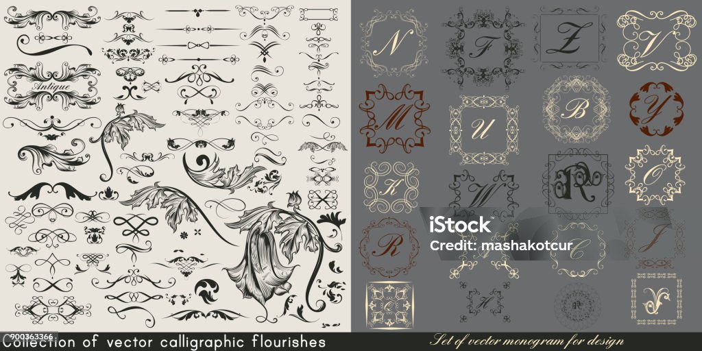 Huge collection or set of vintage vector flourishes and monograms for design Border - Frame stock vector