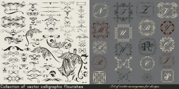 Vector illustration of Huge collection or set of vintage vector flourishes and monograms for design