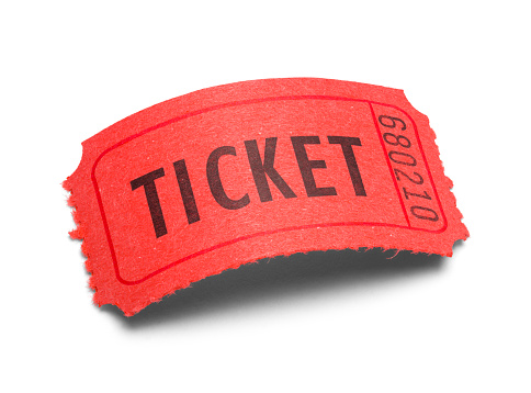 Single Red Ticket with a Curved Arch Isolated on White Background.