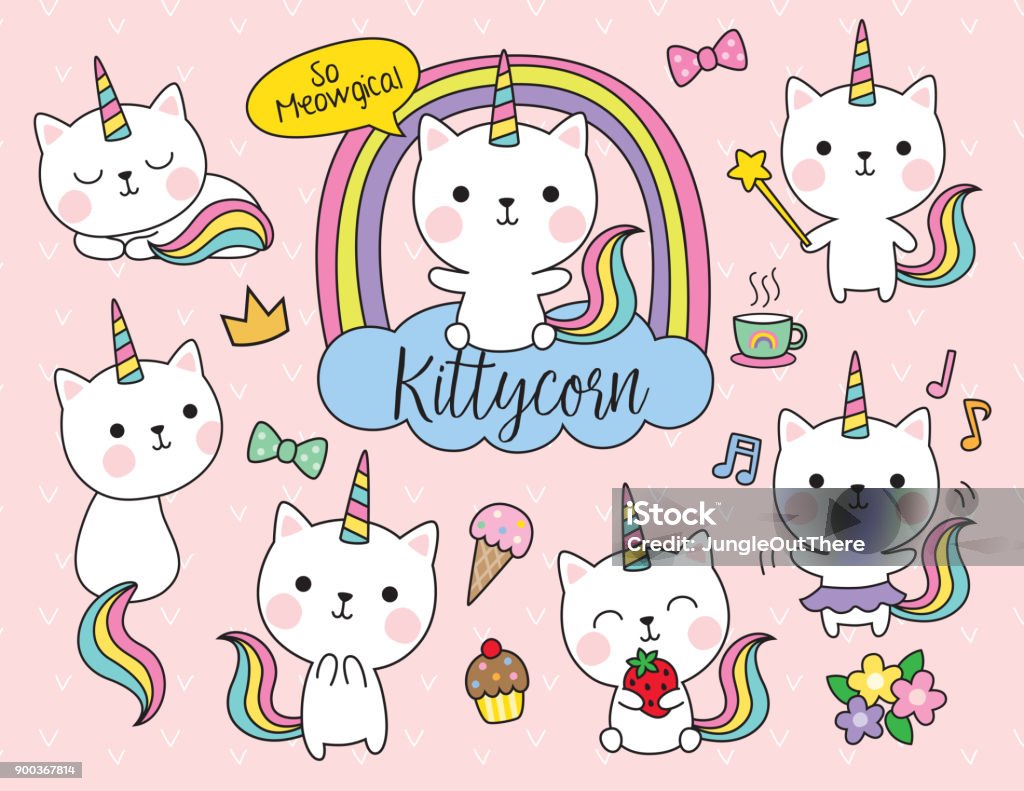Cat Unicorn Vector Illustration Set Cute white cat unicorn with rainbow horn and tail set including cute elements such as flower, ice-cream, cupcake, etc. Domestic Cat stock vector