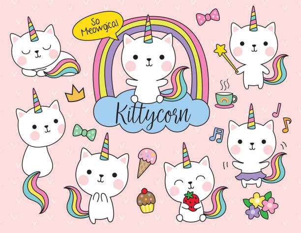 Cat Unicorn Vector Illustration Set Cute white cat unicorn with rainbow horn and tail set including cute elements such as flower, ice-cream, cupcake, etc. Unicorn stock illustrations