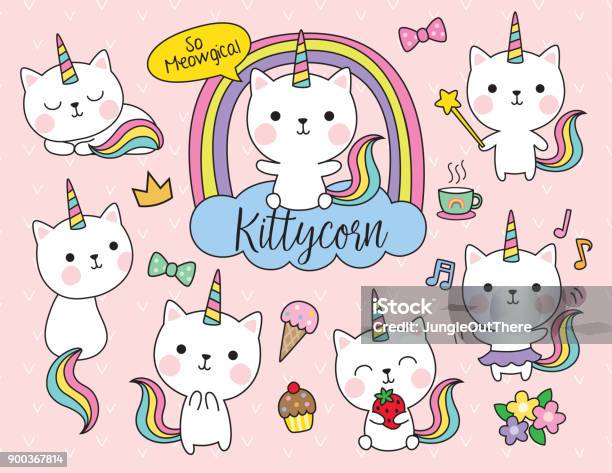 Cat Unicorn Vector Illustration Set Stock Illustration - Download Image Now - Domestic Cat, Unicorn, Cute