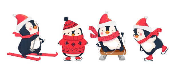 illustrations, cliparts, dessins animés et icônes de все пингвины - skiing ski sport snow
