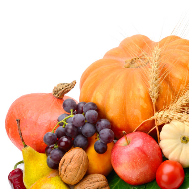 istock Fruits and vegetables isolated on a white background. Free space for text. 900392254