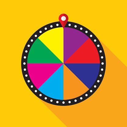 Vector illustration of a game show wheel against a yellow background in flat style.