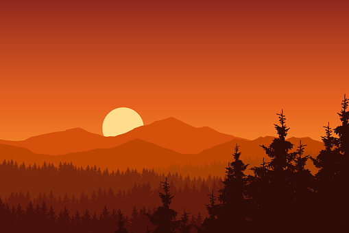 Vector illustration of mountain landscape with forest under orange sky with rising sun