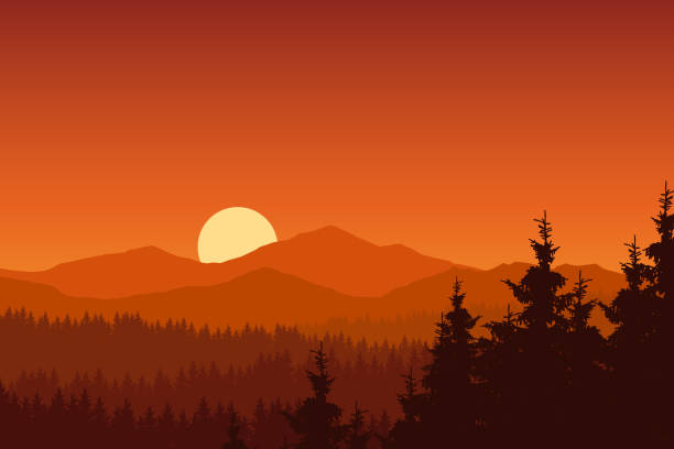 Vector illustration of mountain landscape with forest under orange sky with rising sun Vector illustration of mountain landscape with forest under orange sky with rising sun mountain layers stock illustrations