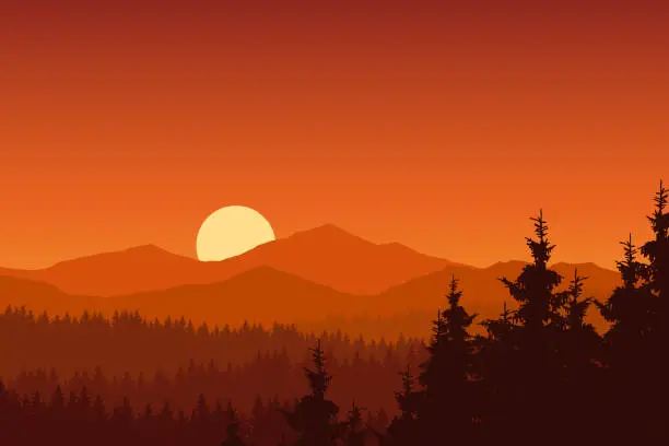 Vector illustration of Vector illustration of mountain landscape with forest under orange sky with rising sun