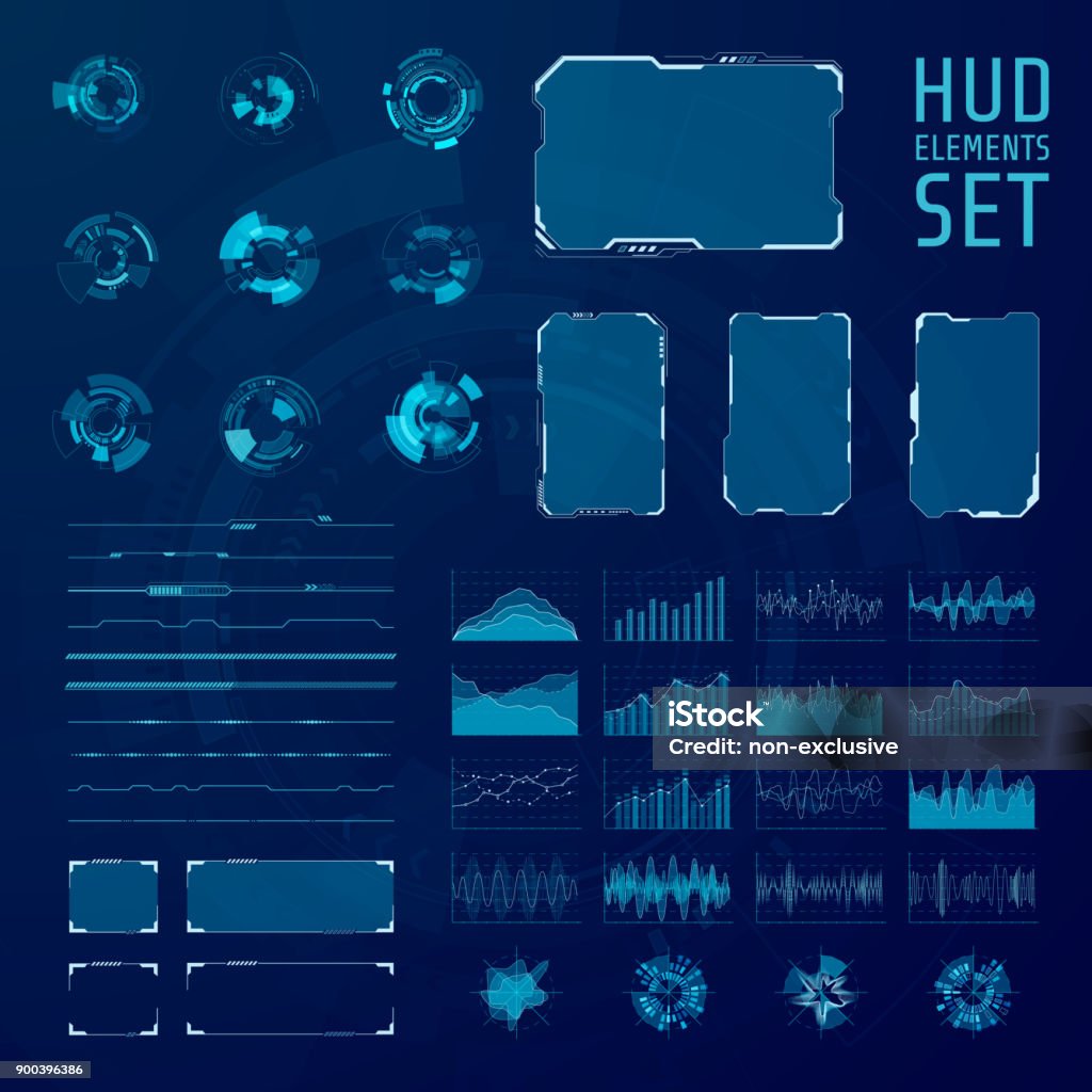 Collection d’éléments de HUD. Ensemble de graphiques abstraits futuristes hud panneaux. Illustration vectorielle - clipart vectoriel de ATH - Interface utilisateur graphique libre de droits