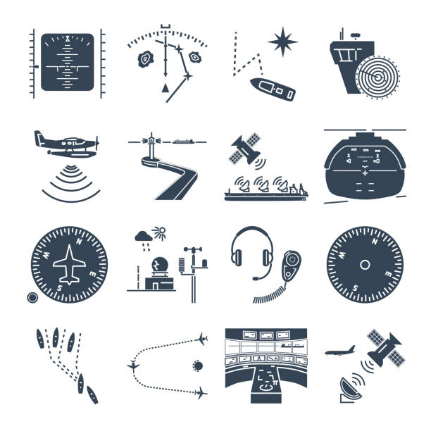 set of black icons sea and air navigation, equipment, devices vector art illustration
