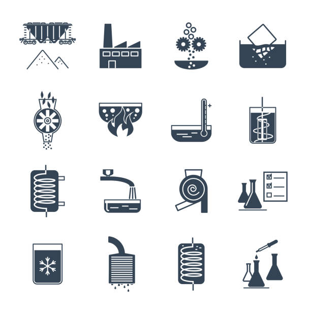 ilustrações de stock, clip art, desenhos animados e ícones de set of black icons industrial production process, equipment - grinding