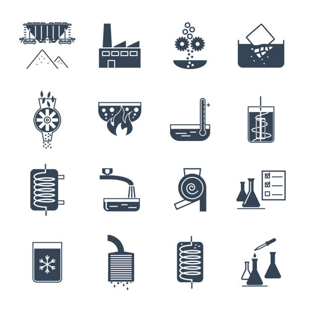 набор черных икон промышленного производственного процесса, оборудования - grind stock illustrations