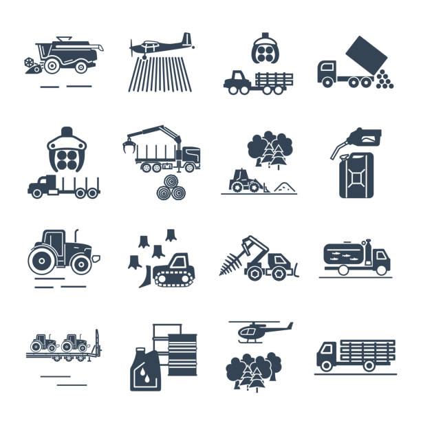 set of black icons agricultural machinery, equipment, farming vector art illustration
