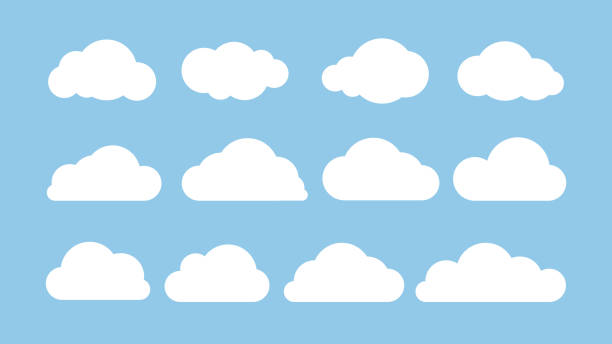 kartun set datar awan putih terisolasi pada latar belakang biru. konsep elemen abstrak. ilustrasi vektor - awan ilustrasi stok
