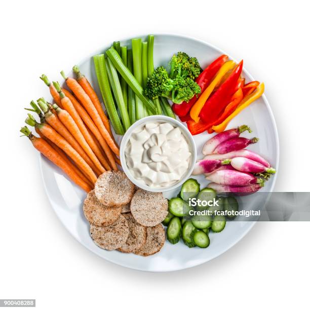 Multi Vegetables Dip In A Plate Shot From Above Stock Photo - Download Image Now - Vegetable, Snack, White Background