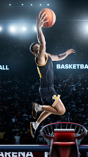 basketball player in action in gym panorama view 3d rendering