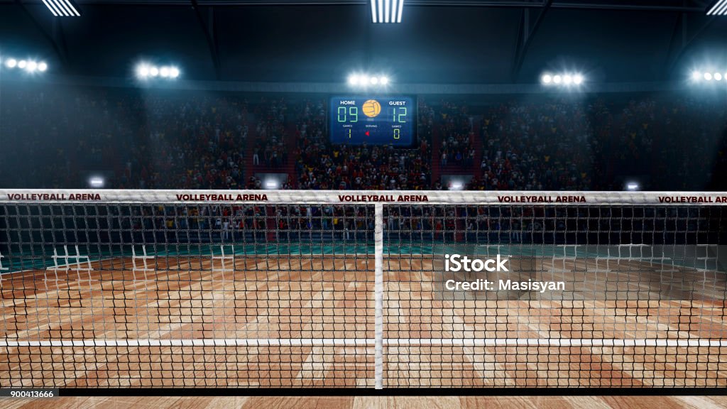 Vacío de voleibol profesional en luces - Foto de stock de Juego de vóleibol libre de derechos