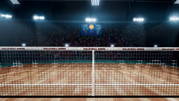 пустой профессиональный волейбольный корт в огнях - volleyball sport floor ball стоковые фото и изображения