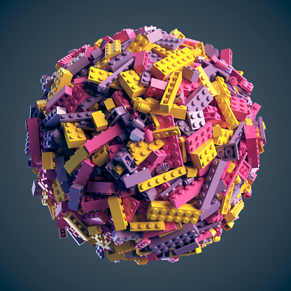 Sphere made of random colored toy blocks on dark background. 3D Rendering