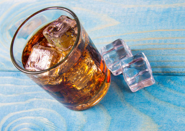 istock Sweet, fizzy drink with ice on a blue background. 900431760