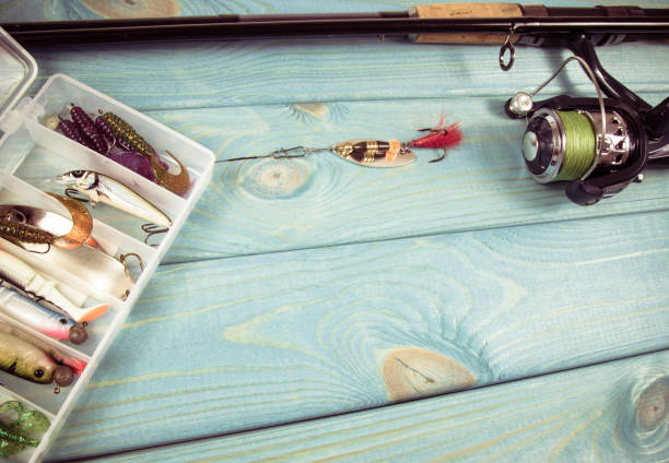 istock Fishing equipment. Spinning method. A place for an inscription. 900431862