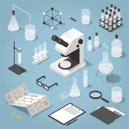 Detailed isometric illustration of chemical laboratory equipment. Set of various test tubes, flask, jars and bottles with liquid, dropper, microscope, support stand, magnifier and other attributes.