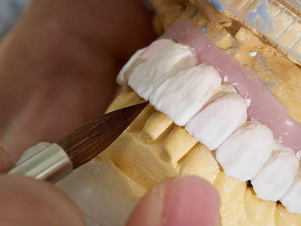 technik dentystyczny pracuje z pełną dolną i górną protezą ceramiczną. - articulator zdjęcia i obrazy z banku zdjęć