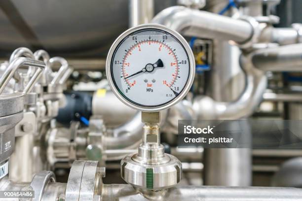 Pressure Gauge Measuring Instrument Close Up On Pneumatic Control System Stock Photo - Download Image Now