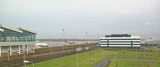 Rostov-on-Don,Russia - December 16,2017: Airport Platov,built for the FIFA World Cup 2018. Technicians serve aircraft