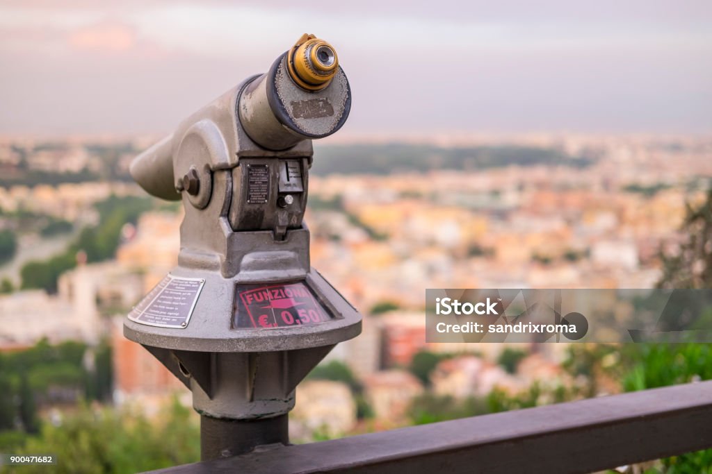 Coin operated spyglass on Rome Italy, Rome, Monte Mario Observatory - 24 June 2016, Coin-operated spotting scope made for observe Rome. Rome - Italy Stock Photo