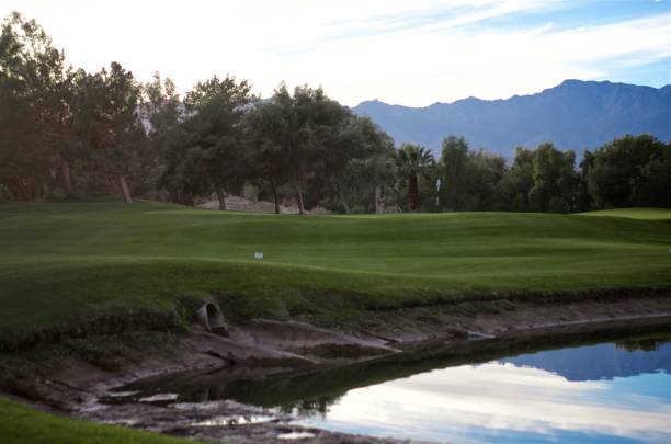 Beautiful Day on the Golf Course Palm Desert resort golf course. Beautiful view of the mountains reflecting on the pond with the green & flag in the background. palm desert pool stock pictures, royalty-free photos & images