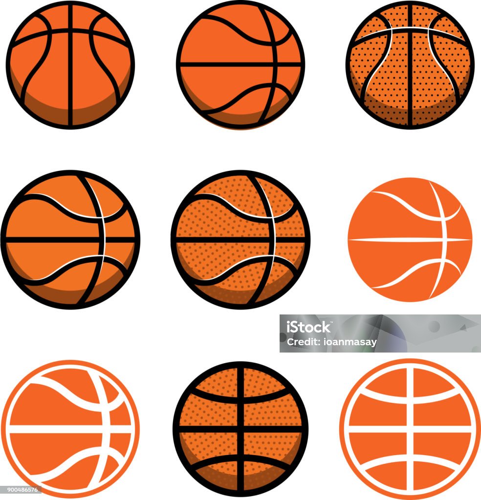 Juego de bolas de baloncesto aislado sobre fondo blanco. Elemento de diseño de cartel, etiqueta, emblema, signo, camiseta. - arte vectorial de Baloncesto libre de derechos