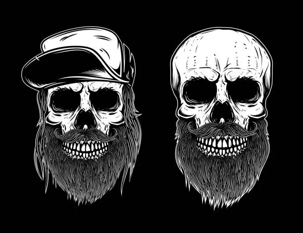 Vector illustration of Set of bearded skulls isolated on dark background. Design element for poster, label, emblem, sign, t shirt.